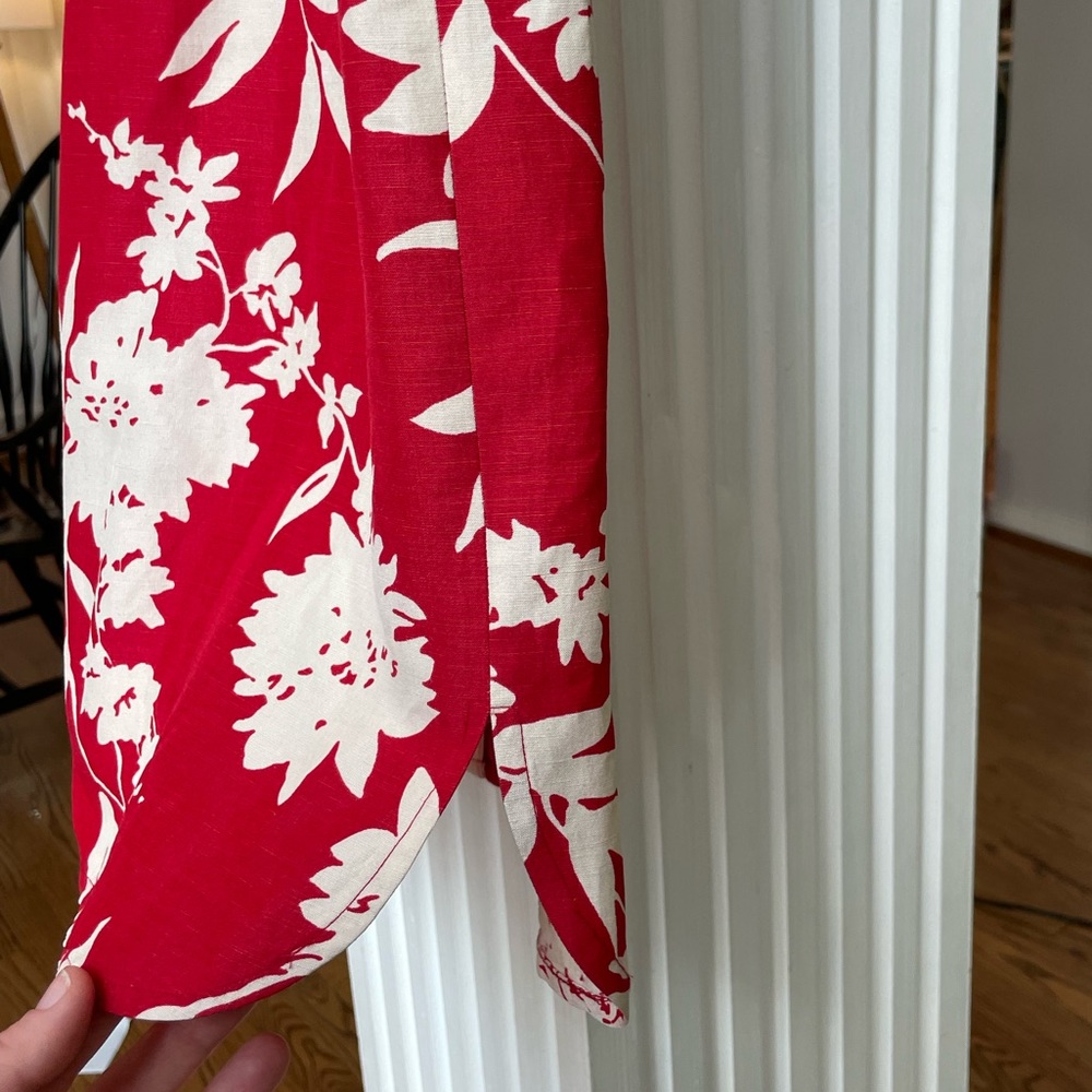 Liz Claiborne Floral Shirt Dress Button Front Red White Tropical Silk Linen 14 - Picture 3 of 4